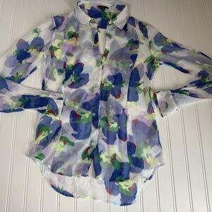 Theory Women 100% Silk Sheer Blouse Top Button Shirt Floral Petite PP 1378